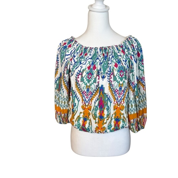 Christian Siriano Boho Chic Cropped Top Blouse Balloon Sleeve Small Tribal Print - Picture 2 of 10